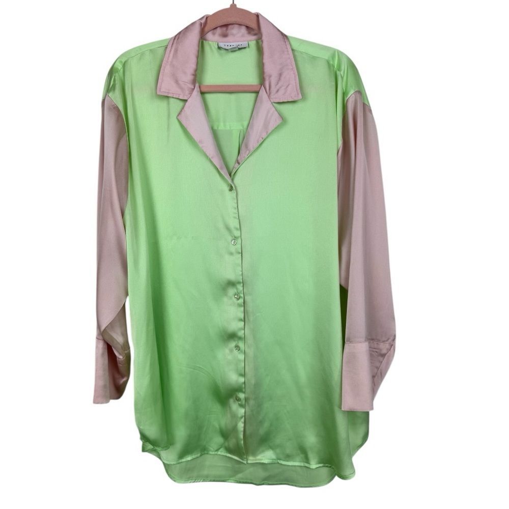 Topshop Color Block Silky Satan Oversized Button Down LS top 8-10